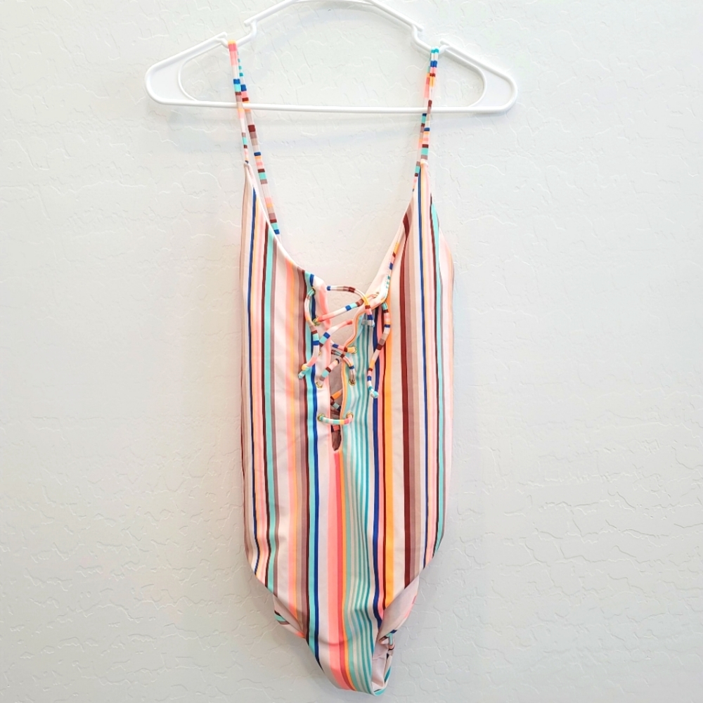 💕 No Boundaries Junior Sorbet Striped Lace Up One Piece Swimsuit Size Large - Picture 3 of 10